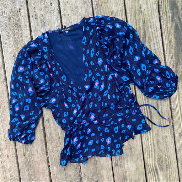 Blue Black & Pink Cheetah Print Wrap Top Puff Sleeves | Size M - Picture 3 of 6